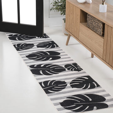 Allison Classic Beach Stripe And Monstera Leaf Indoor/Outdoor Area Rug
